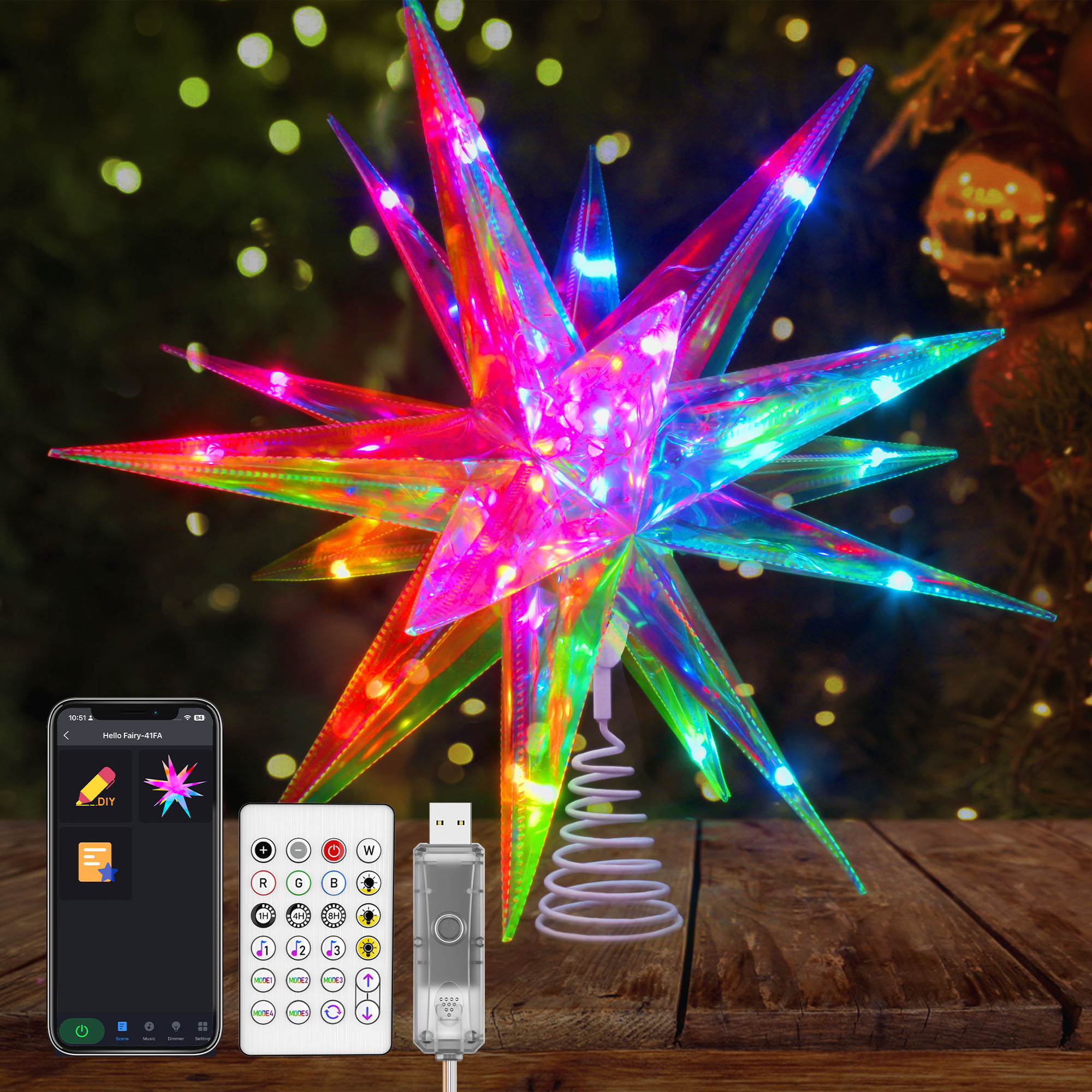 3D PET Christmas Star Tree Topper Lights